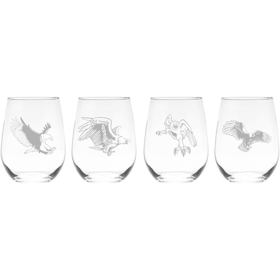 C&M Personal Gifts 17 oz Eagle 17 Stemless Wine Glass Set of 4 - Eagle Themed Gift for Women and Men
