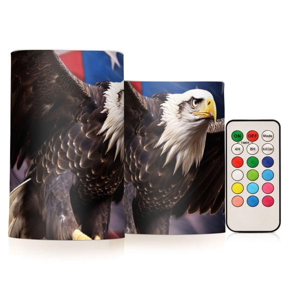 Eagle with American Flag Flickering Flameless LED Candles set of 2 Battery Operated 18-Key Remotes Timer Halloween Fall Decor D3''xH4''5''