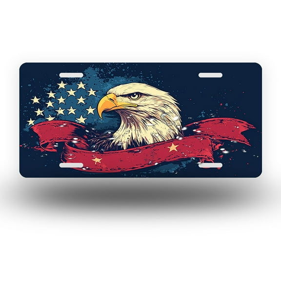 Eagle with Red Ribbon and Stars Front License Plate, Funny Standard Plates Personalized Novelty Decorative For Men/Women/Boys/Girls Car 6×12 Inch