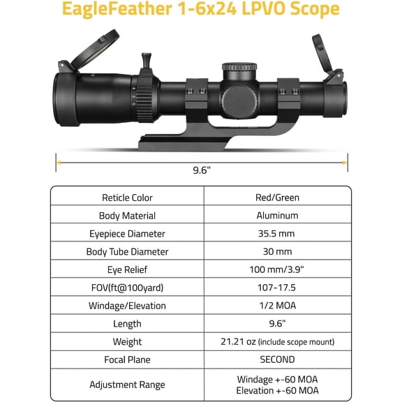 EagleFeather LPVO Scope with 30mm Cantilever Mount, 5 Levels Red & Green Illumination Reticle, Second Focal Plane Scopes with Zero Reset