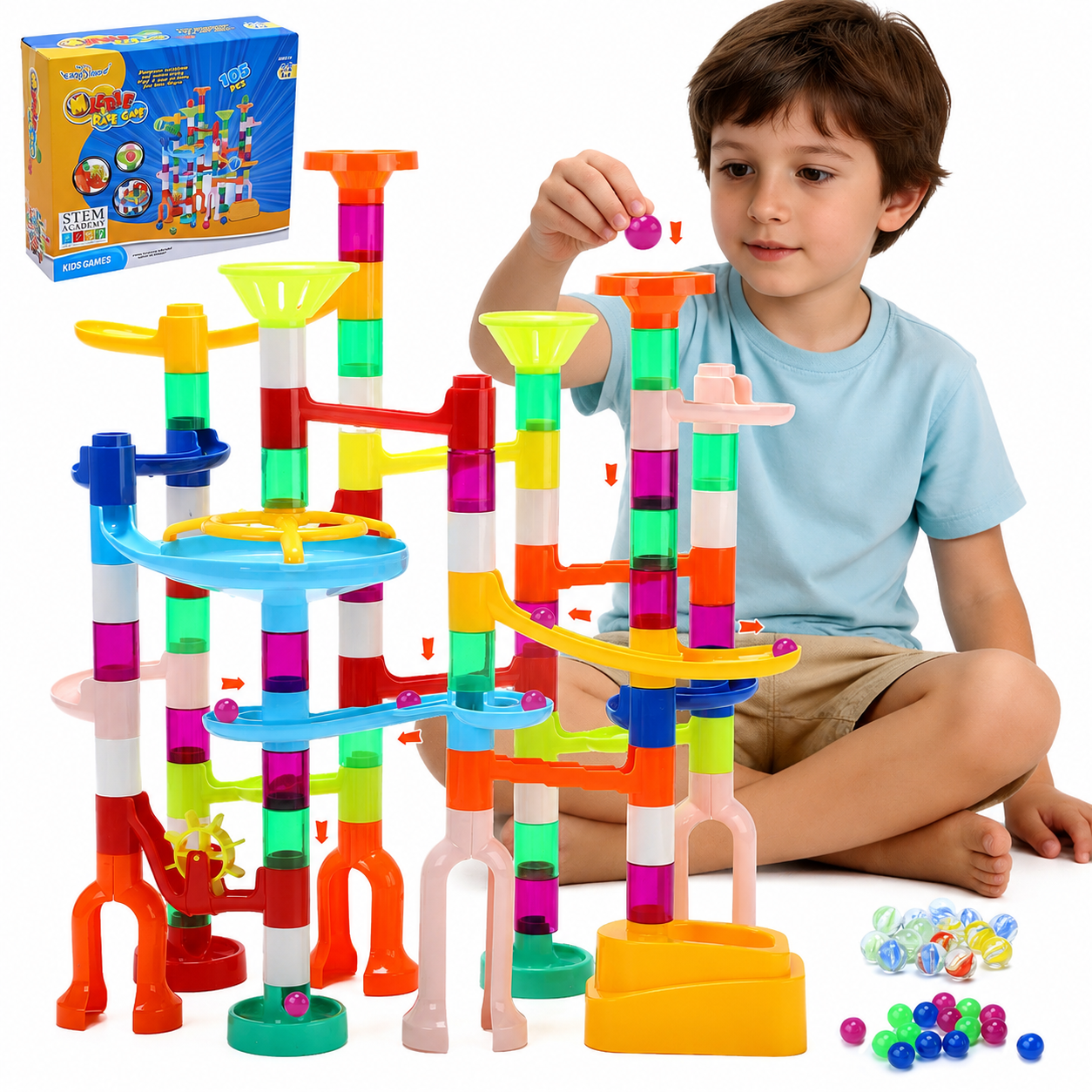 Lenbar 105PCS Marble Run STEM Maze Building Toy Set, Race Track Construction Kit with Glass Marbles, Educational Building Toy for Kids Ages 3-12