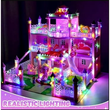 CuteStone Pink Princess DIY Dollhouse with Furniture, Lights, Accessories, and 2 Dolls – Gift for Girls Ages 3 
