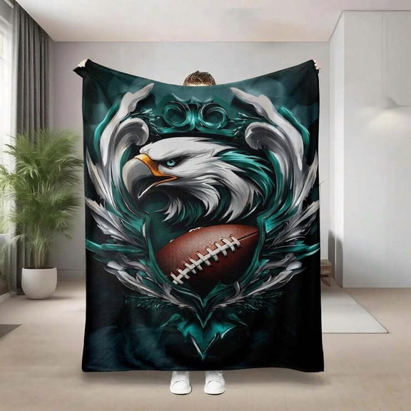 Eagles Football Eagle Crest Flannel Throw Blanket, Green White Sports Design, Soft Cozy Lightweight Blanket for Sofa Couch Bed Bedroom, Game Day Fan Gift