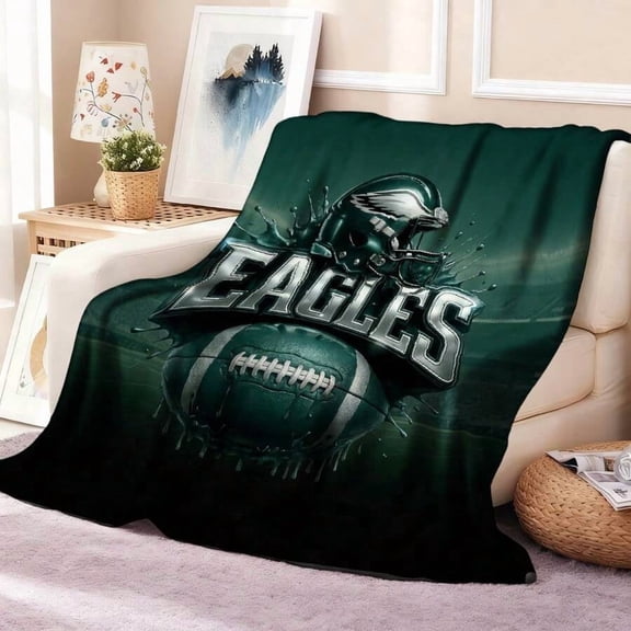 Eagles Football Flannel Throw Blanket, Green Helmet and Ball Sports Design, Soft Cozy Lightweight Blanket for Sofa Bed Bedroom, Game Day Fan Gift