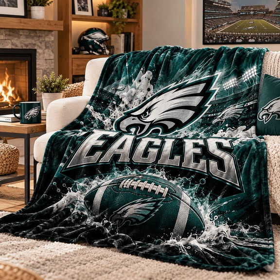 Eagles Football Flannel Throw Blanket, Green Helmet and Ball Sports, for Game Day and Home