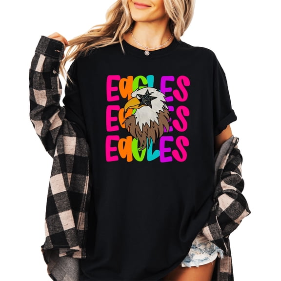 Eagles Retro Sports Fan T-Shirt for Women and Teens Colorful Eagle Mascot Tee Black Shirt Adult Large