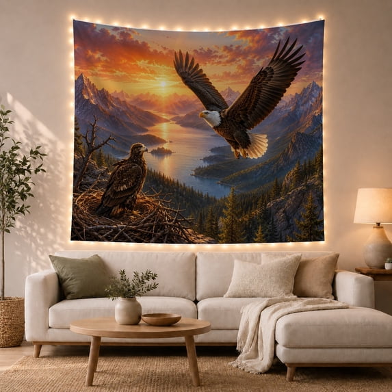 Eagles Vast Mountain with Wilderness Sunset Detailed Lower, Spooky Gothic for Gothic Decor Fans, Dark Art Decor, Halloween Gift, Tapestry Wall Hanging for Bedroom and Dorm