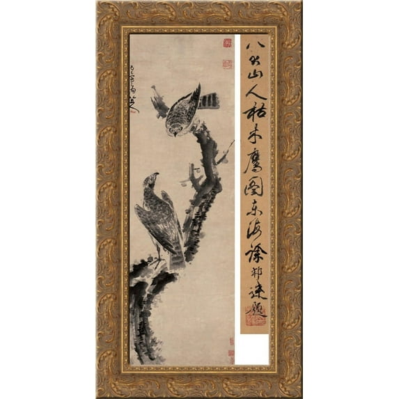 Eagles in Withered Tree 24x12 Gold Ornate Wood Framed Canvas Art by Bada Shanren