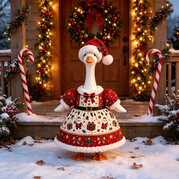 Eagokdc Christmas Garden Goose Costume 23 Inch, Durable Polyester Decorative Lawn Goose Statue Clothes, Dresseses and Hat Set for Back Yard Front Door Xmas Holiday Decor