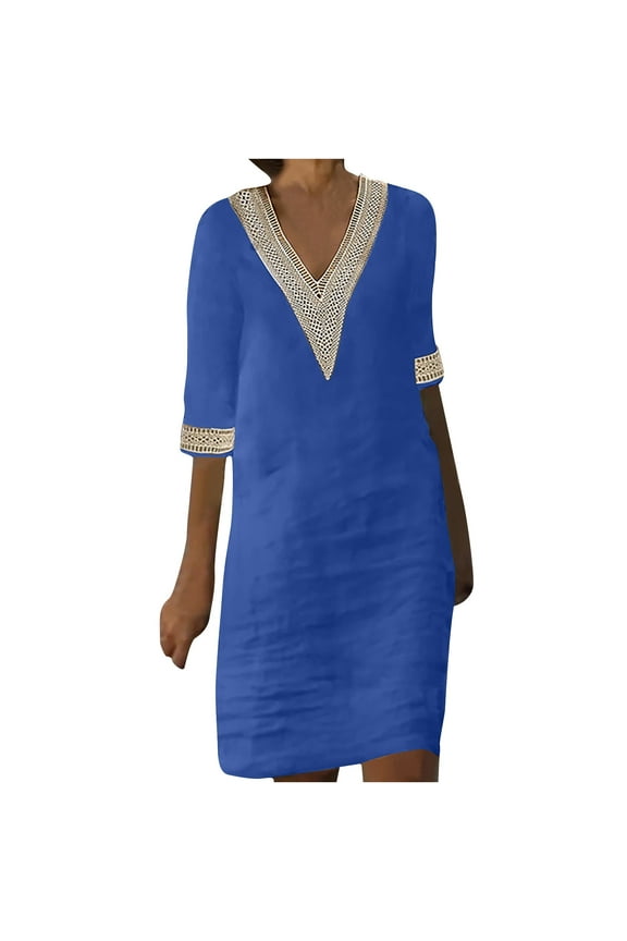 Dresses for Women Spring And Summer Casual V-Neck 3/4 Sleeve Loose Party Dress Size S-3XL