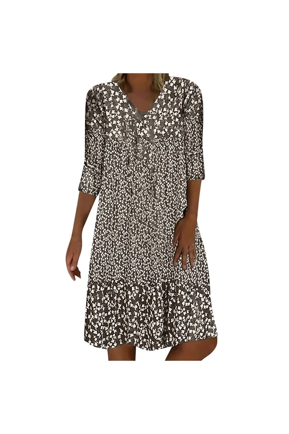 Dresses for Women Summer Casual V-Neck 3/4 Sleeve Print Loose Party Dress Plus Size S-5XL