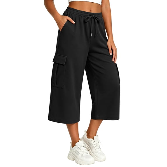 Eagokdc Lightweight Capri Pants for Women Loose Cotton Casual Sports Summer Wide Leg Capris With Pocket Size S-5XL