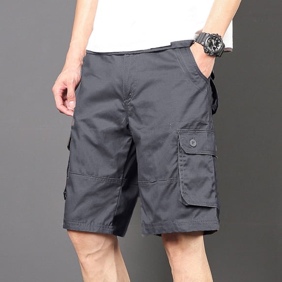 Eagokdc Men Casual Solid Color Straight Short Elastic Waist Zipper Button Cargo Pants With Pockets Size S-4XL