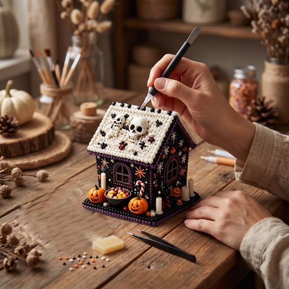 Eagokdc Pearl Painting Kit Halloween Wooden House Shaped Diamond Art Kits for Adults, Home Decor Art Craft Kit Upgraded Beads Craft for Holiday Family Activity