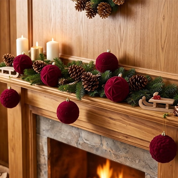 Eagokdc Set of 9 Shatterproof Christmas Hanging Ornaments Ball Decorations, Flocked Velvet Globe Baubles for Christmas Tree Party Wall Window Decor