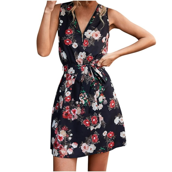 Eagokdc Women Dress Casual Loose V Neck Floral Printing Wedding Guest Mini Black Dresses Size S-XL