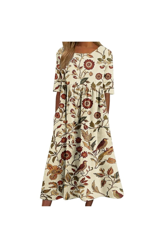 Women Dresses Casual Round Neck Short Sleeve Summer Loose Print Maxi Dress With Pocket Size S-3XL