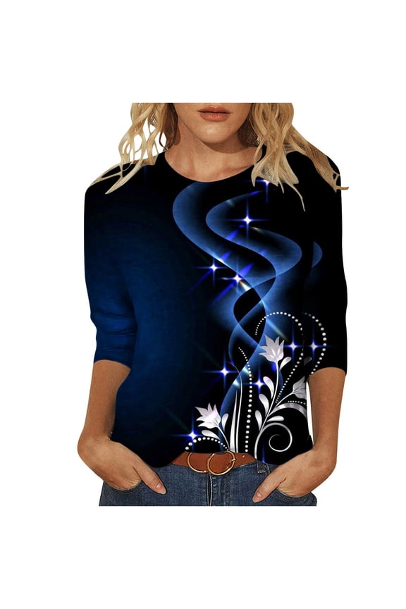 Women Fashion Printed Long Sleeve Crop Top Crew Neck Casual StreeTop Blouse Size S-2XL