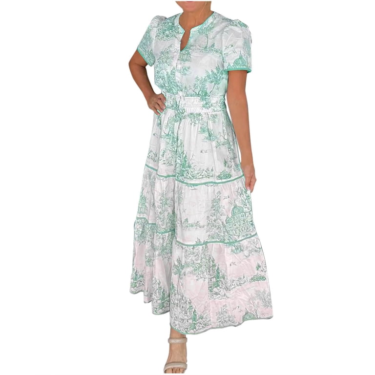 Eagokdc Women Simple Dresses V Neck Loose Short Sleeve Casual Party Cute Elegant Wedding Guest Maxi Dress Size S-3xl, Women's, Size: Large, Green