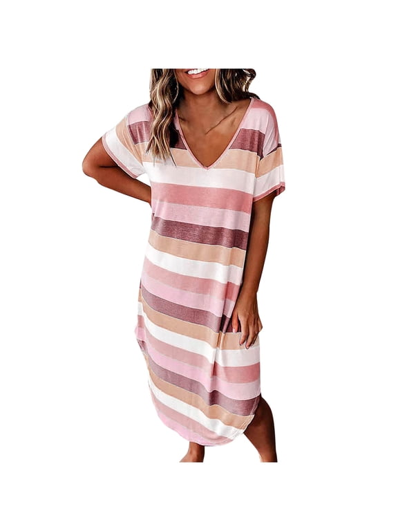 Women Stylish Summer Dress V Neck Loose Short Sleeve Casual Ladies Summer Cotton Mini Dress Size S-3XL