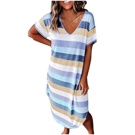 Eagokdc Women Stylish Summer Dress V Neck Loose Short Sleeve Casual Ladies Summer Cotton Mini Dress Size S-3XL