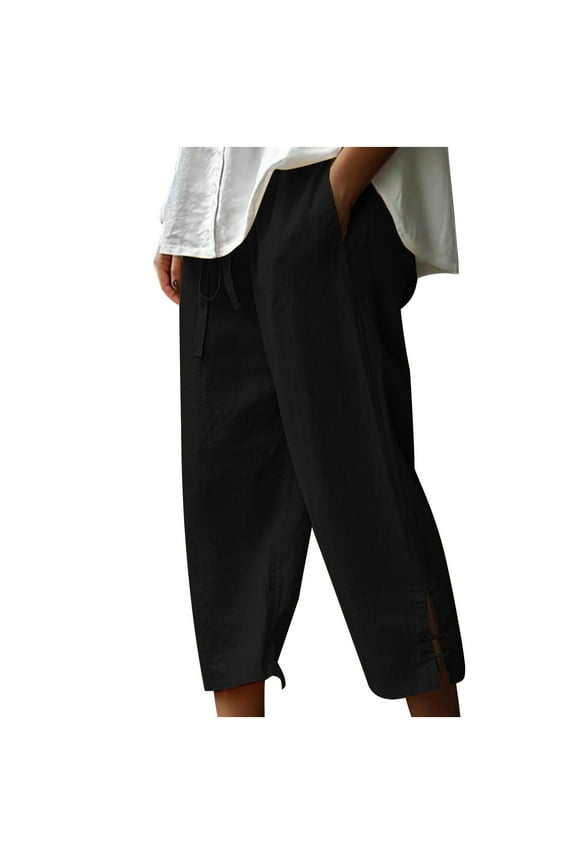 Women's Capris Pants Casual Loose Solid Color Straight Wide Leg Elastic Waist with Pockets Pant Size S-3XL