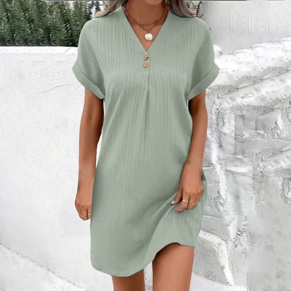Eagokdc Women's Casual Loose Fit Solid Color Short Sleeve V-Neck Pocket Dress Knee-Length Mini Dresses Size S-2XL