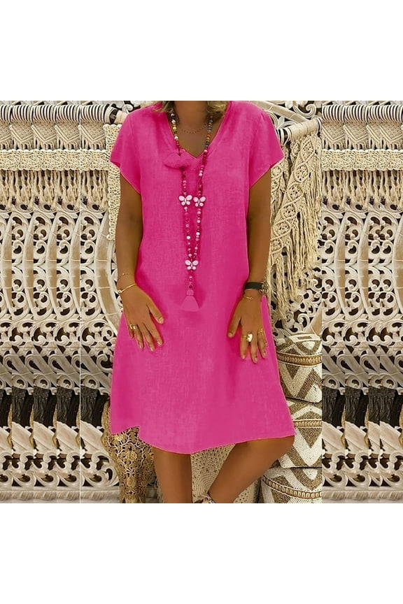 Women's Casual Summer Loose-Fit Short-Sleeve V-Neck Solid-Color Cotton-Linen Blend Mini Dress Size S-5XL