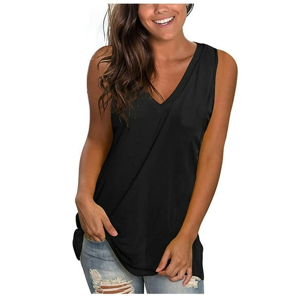 Eagokdc Women's Tank Tops Casual V Neck Fitted Sleeveless Black Shirt Loose Basic Top Size S-3XL