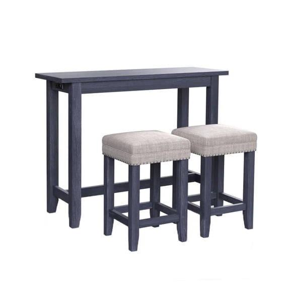 Eala 3 Piece Counter Height Table and Stool Set Blue Wood Gray Fabric - Saltoro Sherpi