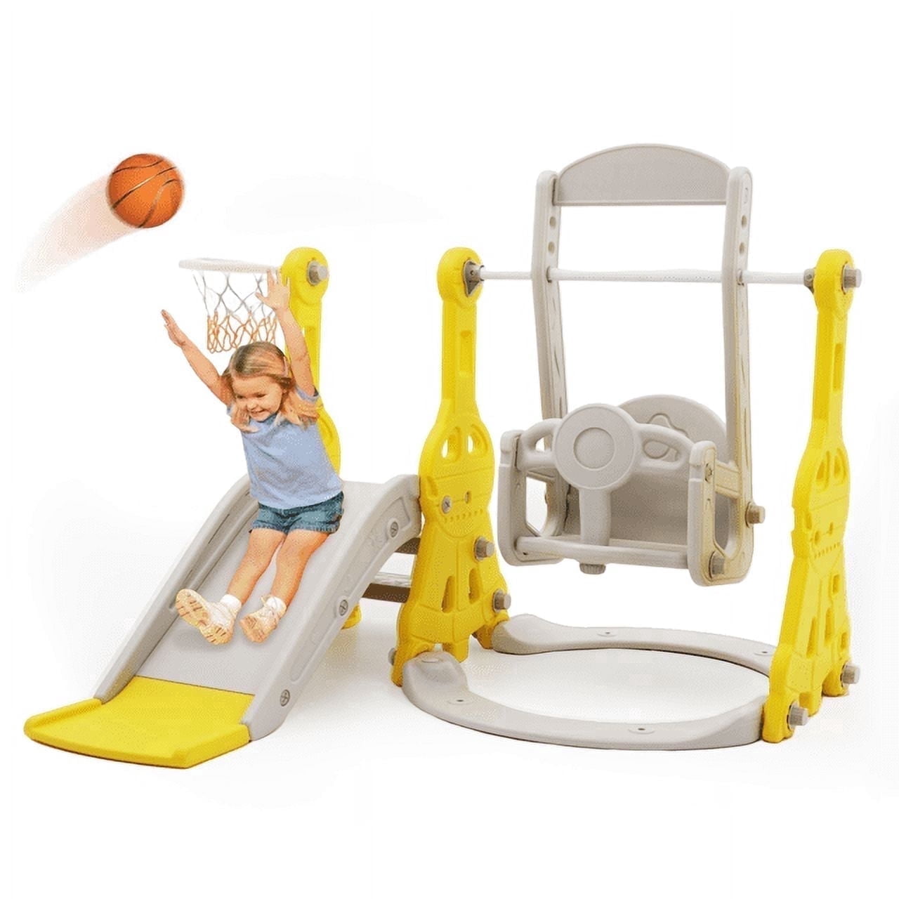 Ealing 4 in 1 Slide and Swing Set for Toddler Age 1–2 Indoor Outdoor Baby Swing Toys Playset with Climber Basketball Hoop, Yellow