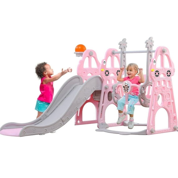 Ealing 4 in 1 Slide and Swing for Toddlers Age 1-2 ,Baby Swing Playset Indoor with Safety Belt and Basketball Hoop,Pink