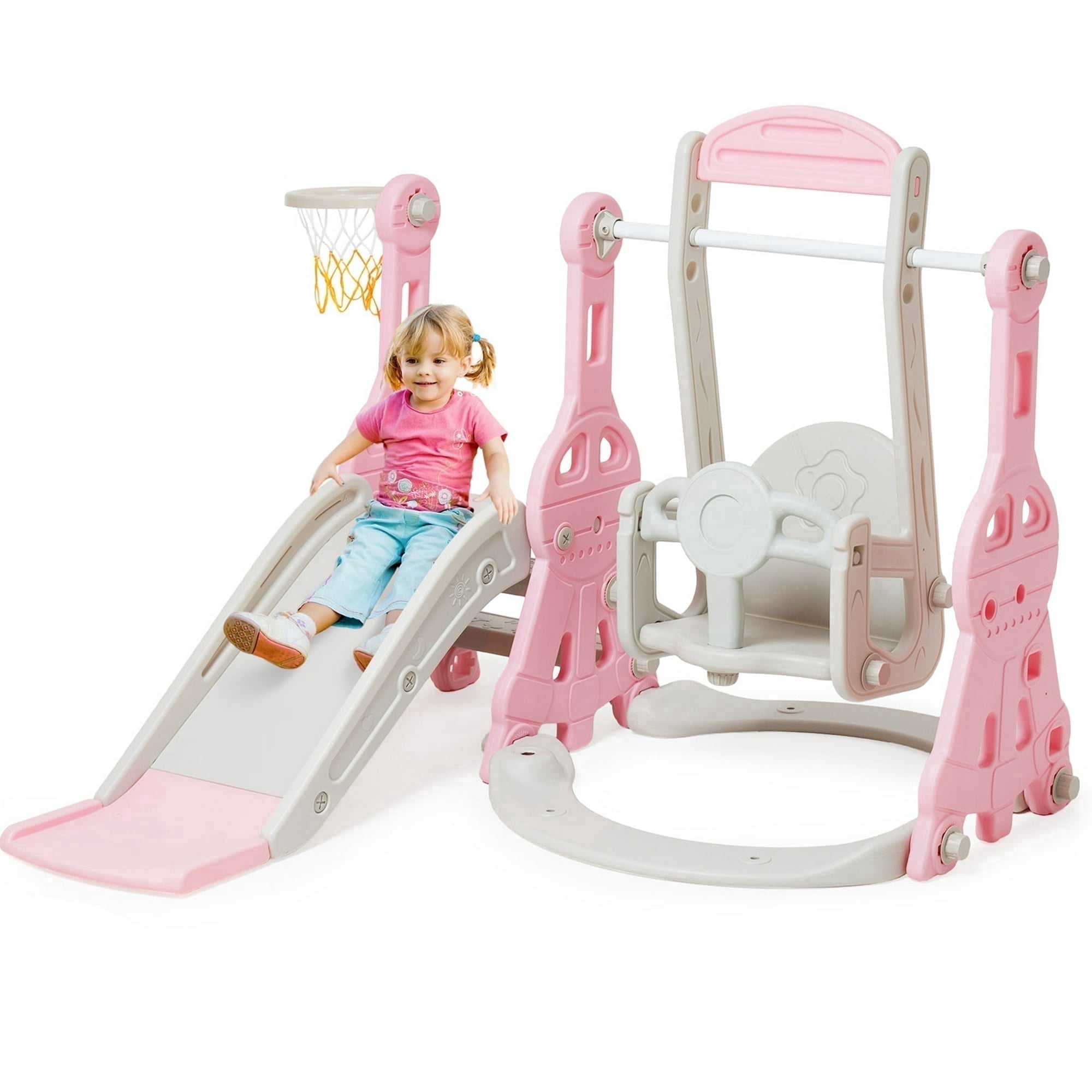 Ealing 4 in 1 Slide and Swing Set for Toddlers Age 1-2 ,with Bucket Style Seat and Basketball Hoop ,Baby Outdoor Indoor Playset Climber Toys,Pink