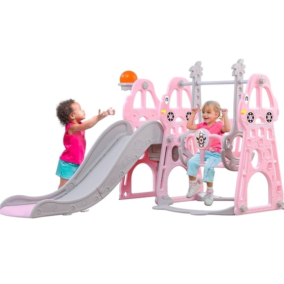 Ealing 4 in 1 Slide and Swing for Toddlers Age 1-2 ,Baby Swing Playset Indoor with Safety Belt and Basketball Hoop,Pink