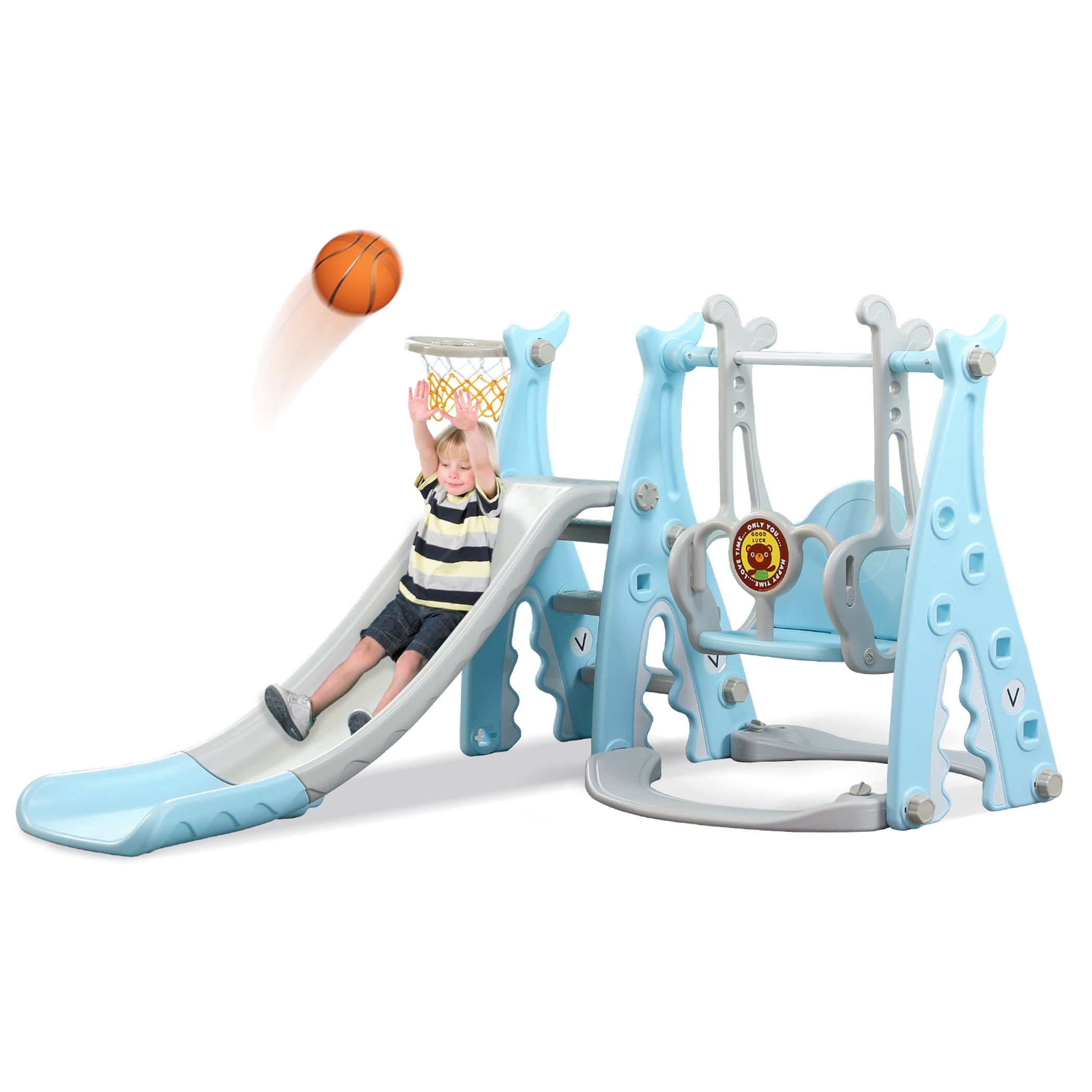 3-in-1 Toddler Slide Climber Playset – Indoor/Outdoor, Extra Long Slide, Basketball Hoop, Anti-Slip