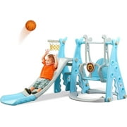 Ealing Slide and Swing Set for Toddlers Age 1-3,4 in 1 Indoor Outdoor Baby Swing Toys Playset with Basketball Hoop,with Safety Belt ,Extra Long Slide 53.1 in,Blue