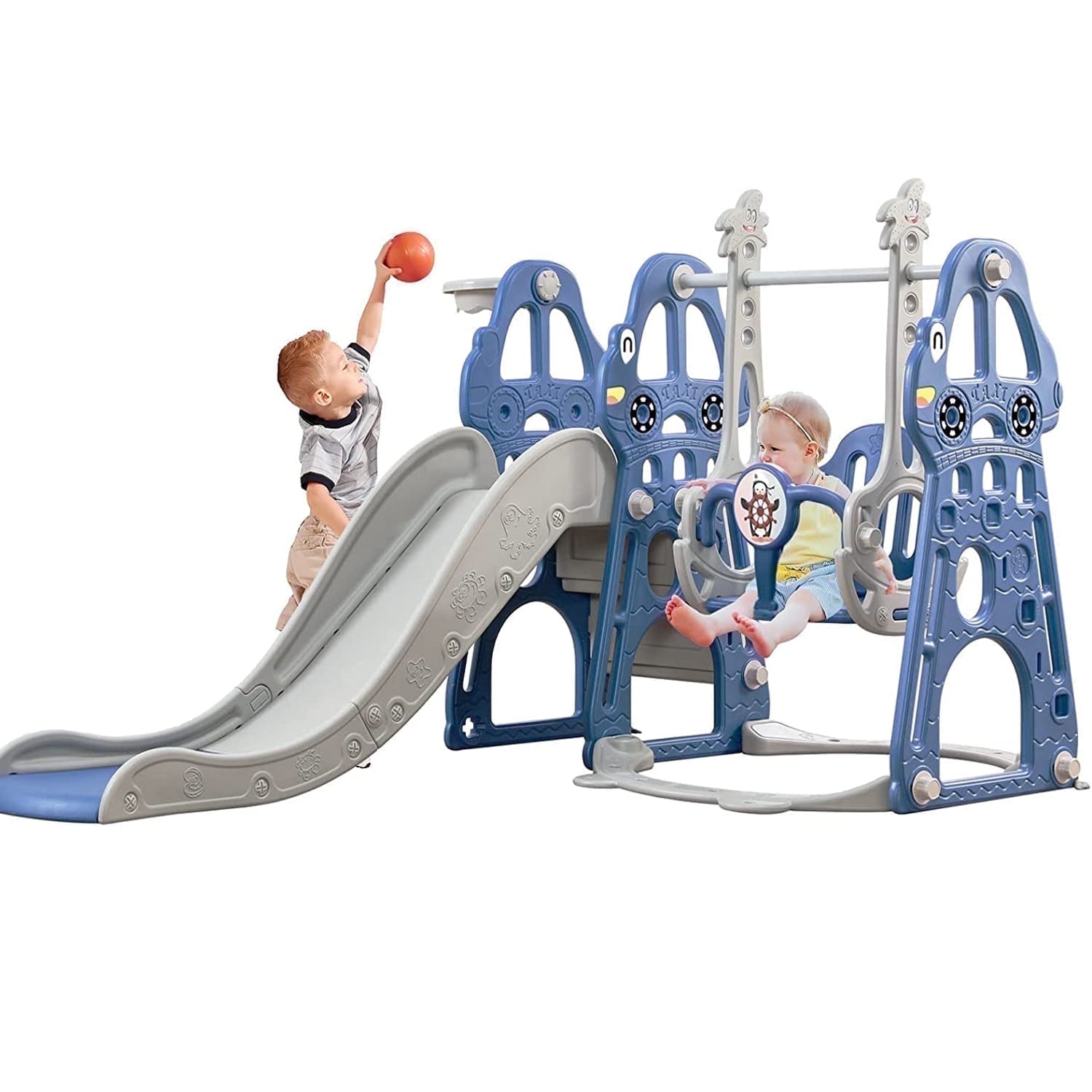 Ealing Slide and Swing Set for Toddlers,Baby Swing with  Safety Belt for Age 1-2,4 in 1 Playset Toys with Basketball Hoop Indoor Outdoor,Blue
