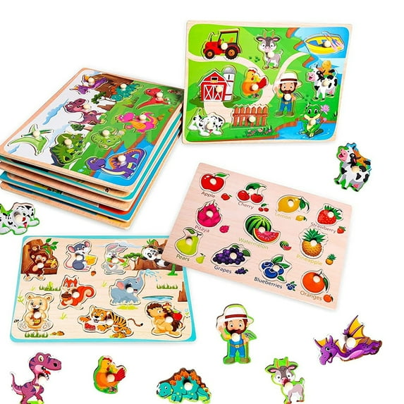 Ealing Wooden Peg Puzzles for Toddlers 3-8, 6 pack Jigsaw Puzzles Set Gifts-Animals Farm Dinosaur Fruits Educational Learning Toys for Boys & Girls