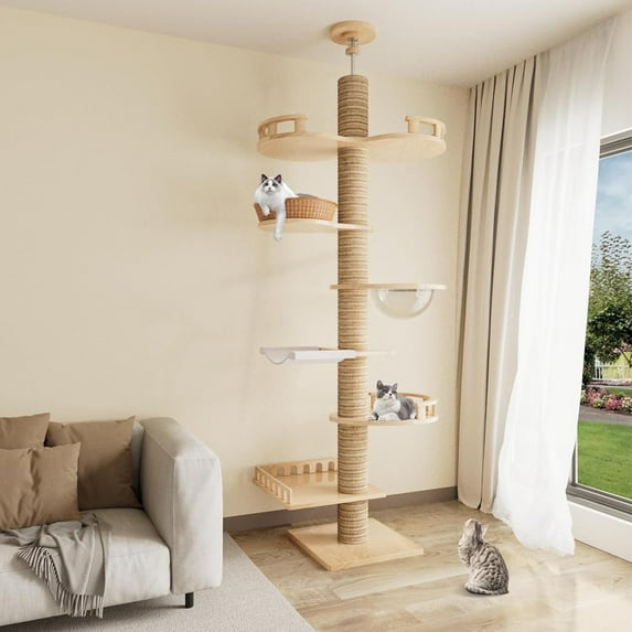 Ealing Floor to Ceiling Cat Tree, Height Adjustable 7-Tier Tower 98-102", Wooden Pet Tree with 7 Sisal Scratching Post for Indoor Cats-