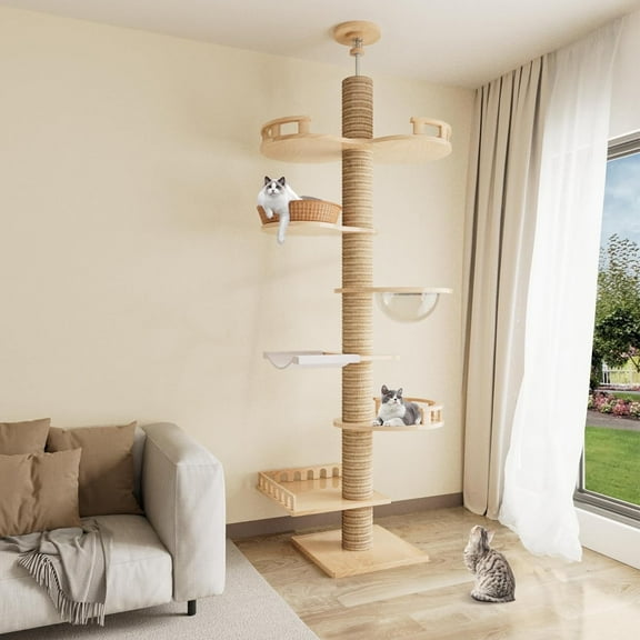 Ealing Floor to Ceiling Cat Tree, Height Adjustable 7-Tier Tower 98-102", Wooden Pet Tree with 7 Sisal Scratching Post for Indoor Cats-