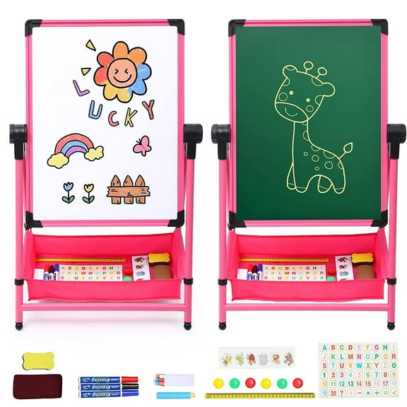 Ealing Kids Art Easel Standing Easel Set with Height Adjustable Whiteboard&Chalkboard Double Sided Easel 360Rotating Drawing Easels for Kids (26inch-43inch)(Pink)