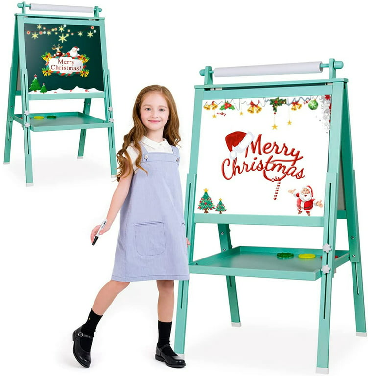 Kids Easel with Paper Roll Wooden Art Easel with Chalkboard & White Board  Painti