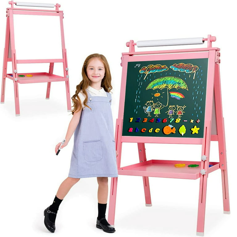 Kids Easel Wooden Art Easel with Drawing Paper Roll-Sided Whiteboard &  Chalkboard Adjustable Standing Dry Erase Easel with Painting Supplies for  Boys