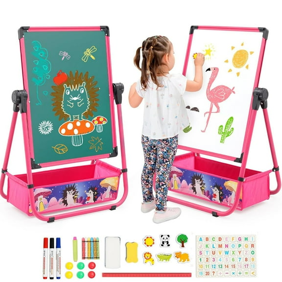 Ealing Kids Easel with Storage Bag ,360Rotating Standing Iron Easel for Child 3 Years,Height Adjustable with 29.5"-44",Pink