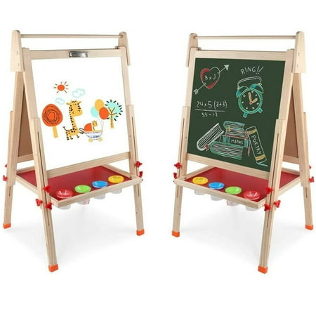 Ealing Kids Wooden Easel Double-Sided Adjustable Standing Easel with Paper Roll Holder,Letters and Numbers Magnets and Other Accessories Gift for Kids Toddlers Boys and Girls