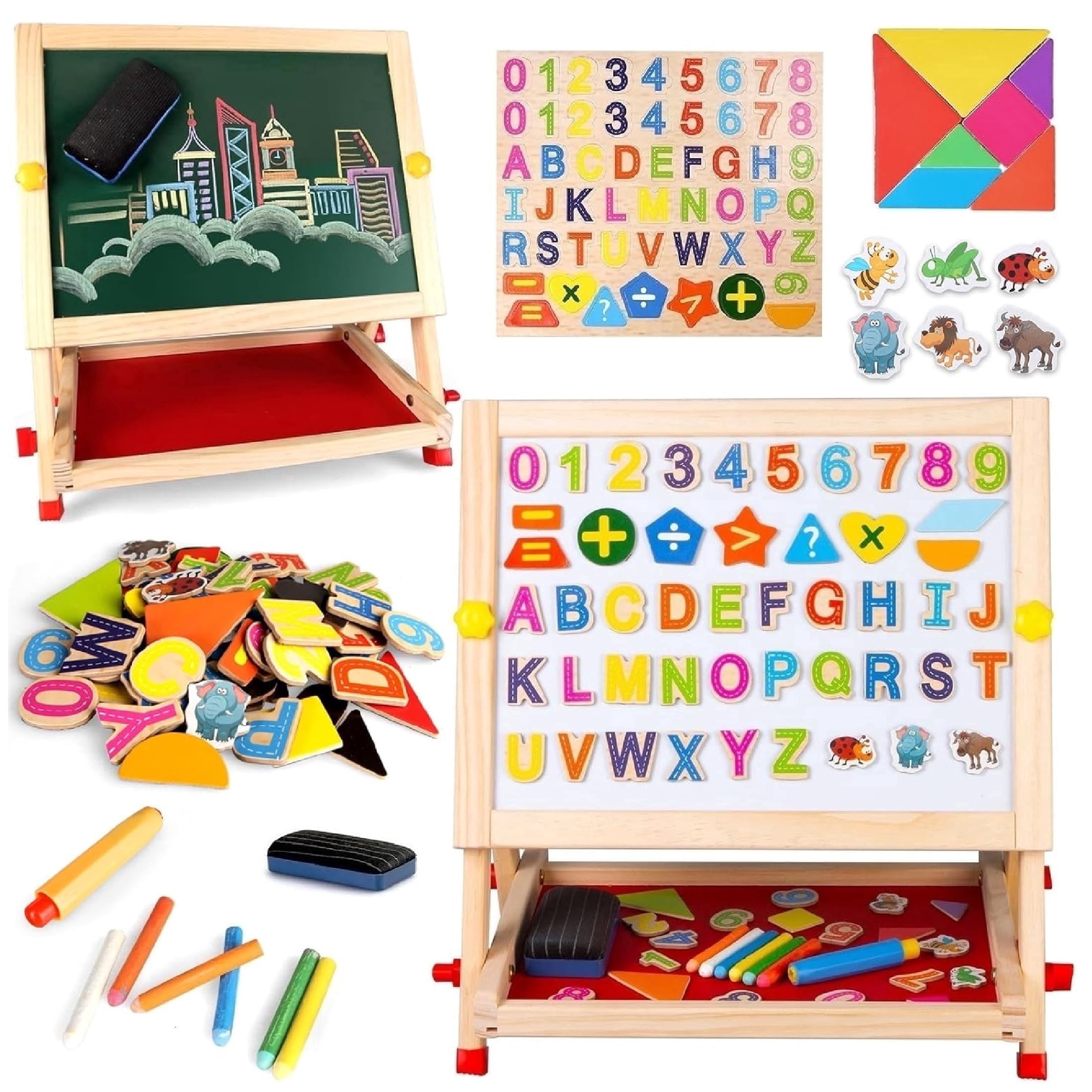Ealing Kids Wooden Easel Double-Sided Tabletop Drawing Board Magnetic Whiteboard Chalkboard, with Letters Numbers  & Art Supplies, Preschool Learning Toys for  Boys Girls Ages 3+