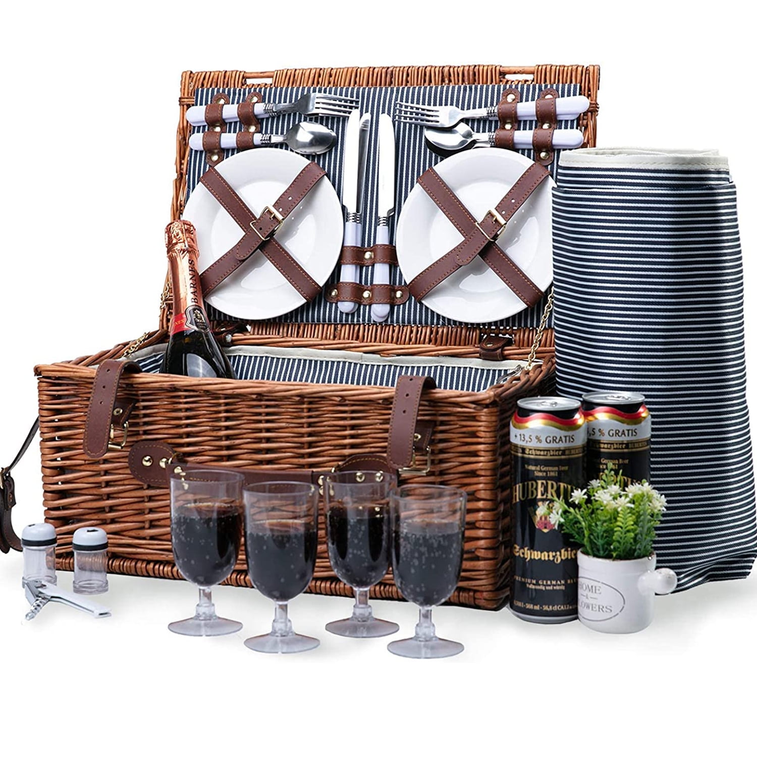 Ealing Large Wicker Picnic Basket Set for 4 with Insulated Cooler ...