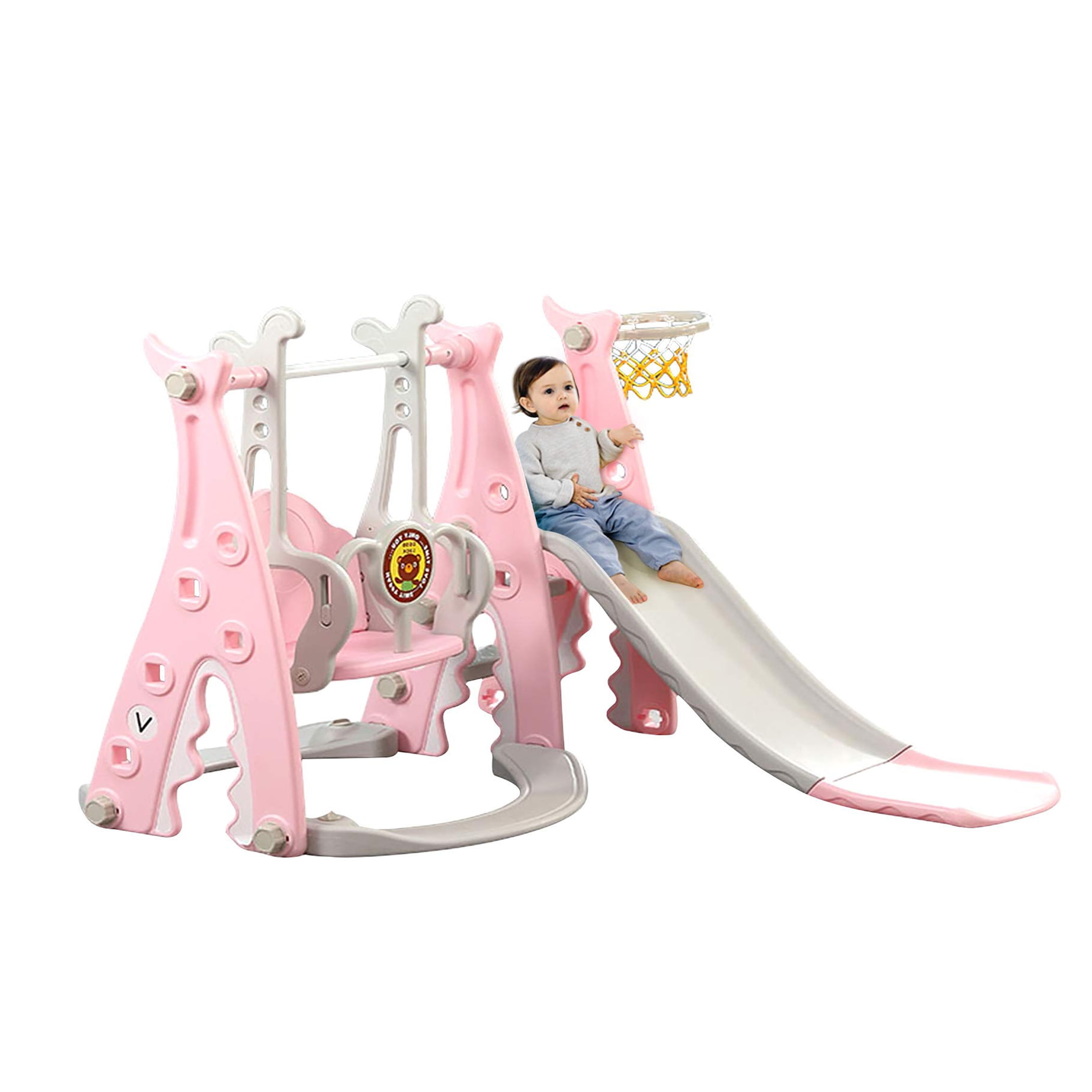 Ealing Slide and Swing Set for Toddlers 4 in 1 Playset with Slide Climber Swing and Basketball Hoop Pink