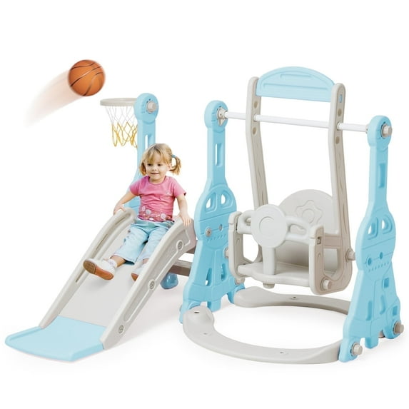 Ealing 4 in 1 Slide and Swing Set for Toddlers Age 1-2 Baby Swing Toys Playset Indoor ,with Bucket Style Seat and Basketball Hoop,Blue