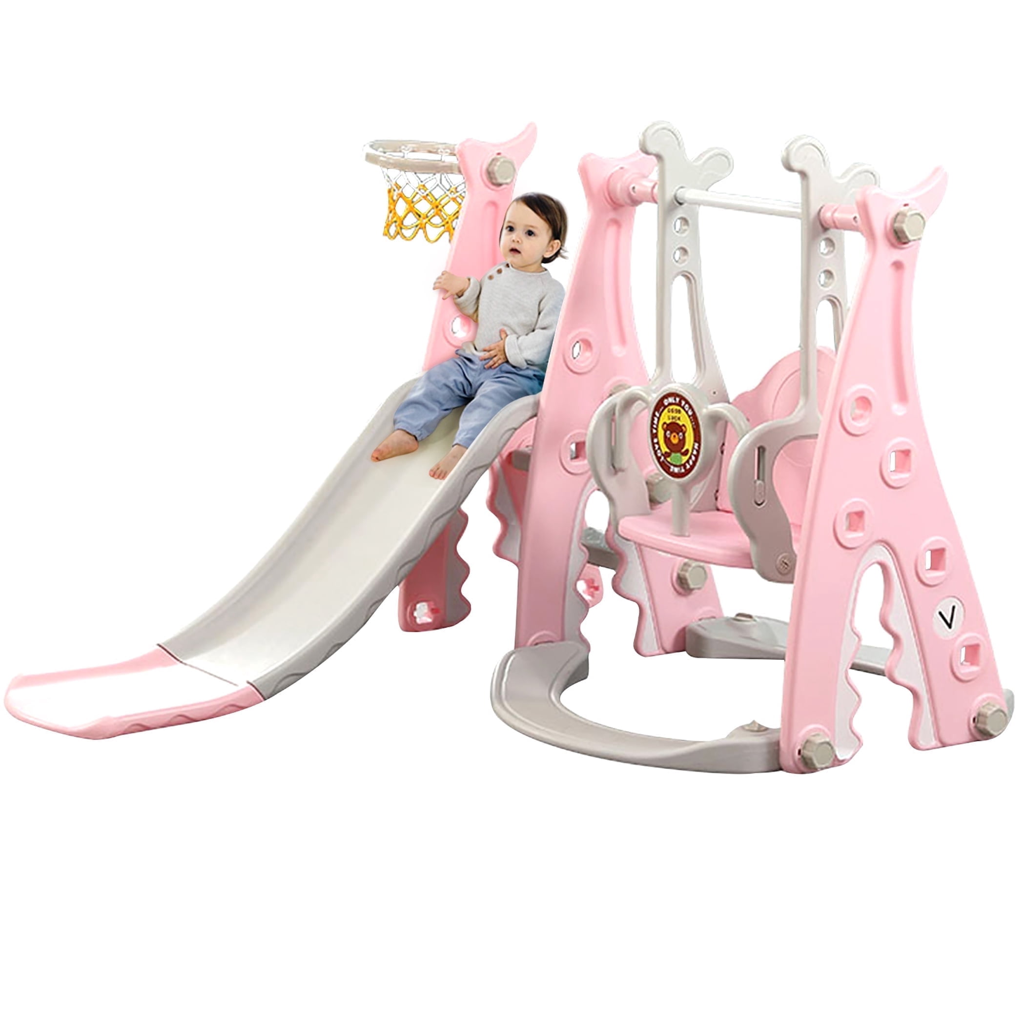 Ealing 4 in 1 Swing and Slide Set for Toddler Ages 1-3,Indoor Baby Swing Toys Playset with Bucket Style Seat and Basketball Hoop,Pink